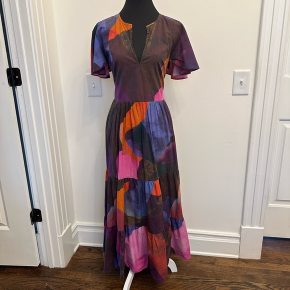 Oliphant Design Maxi V-Neck Dress Watercolor Print Pockets Cotton